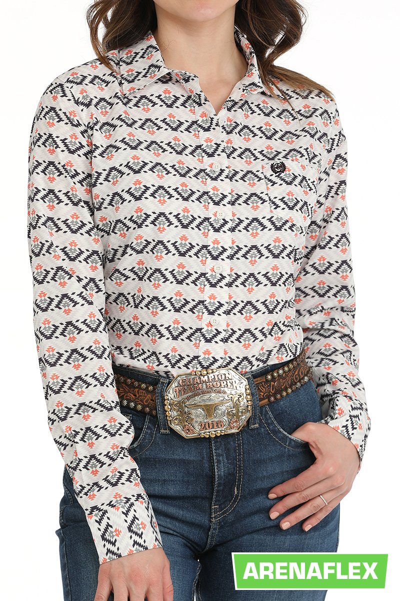 Cinch Women's L/S Arenaflex Aztec Western Button Down Shirt in White
