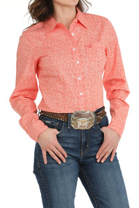 Cinch Women's L/S Stretch Paisley Western Button Down Shirt in Coral