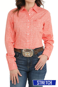 Cinch Women's L/S Stretch Paisley Western Button Down Shirt in Coral