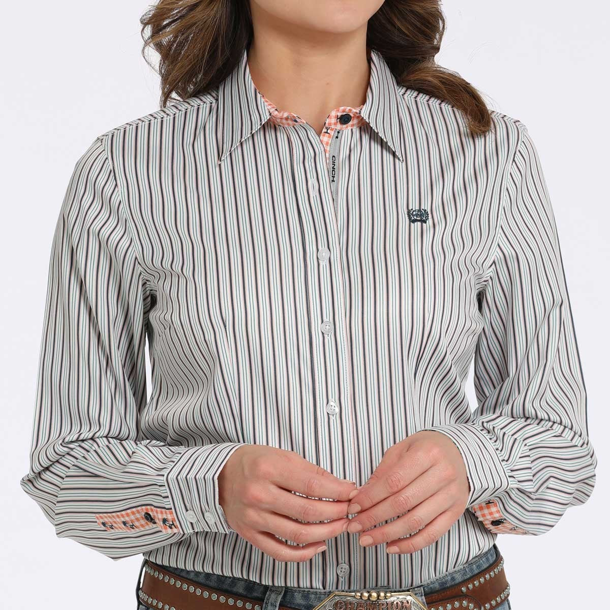 Cinch Women's L/S Tencel Striped Western Button Down Shirt in White