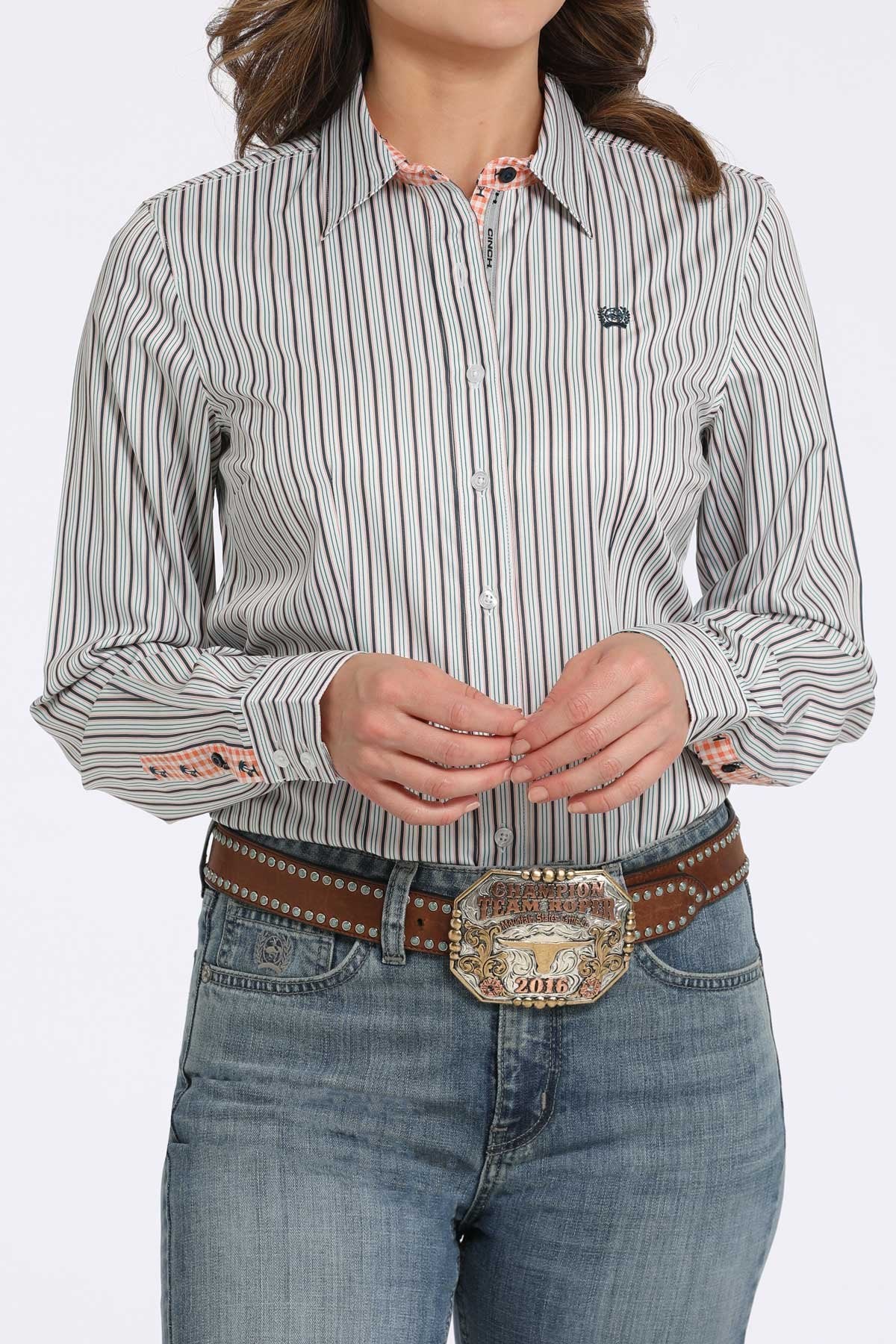 Cinch Women's L/S Tencel Striped Western Button Down Shirt in White