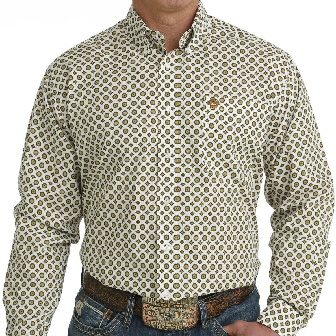 Cinch Men's Long Sleeve Classic Fit White Medallion Print Button Down Western Shirt