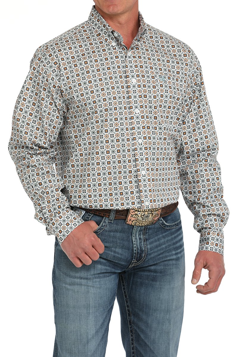 Cinch Men's L/S Classic Fit Medallion Western Button Down Shirt in White