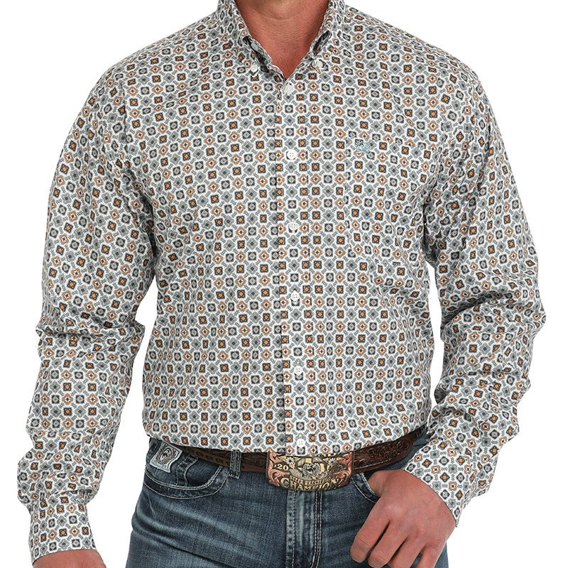 Cinch Men's L/S Classic Fit Medallion Western Button Down Shirt in White
