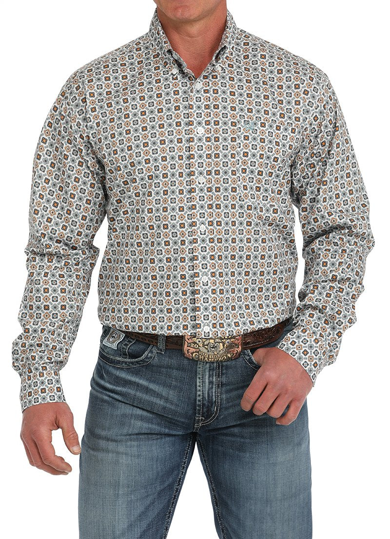 Cinch Men's L/S Classic Fit Medallion Western Button Down Shirt in White