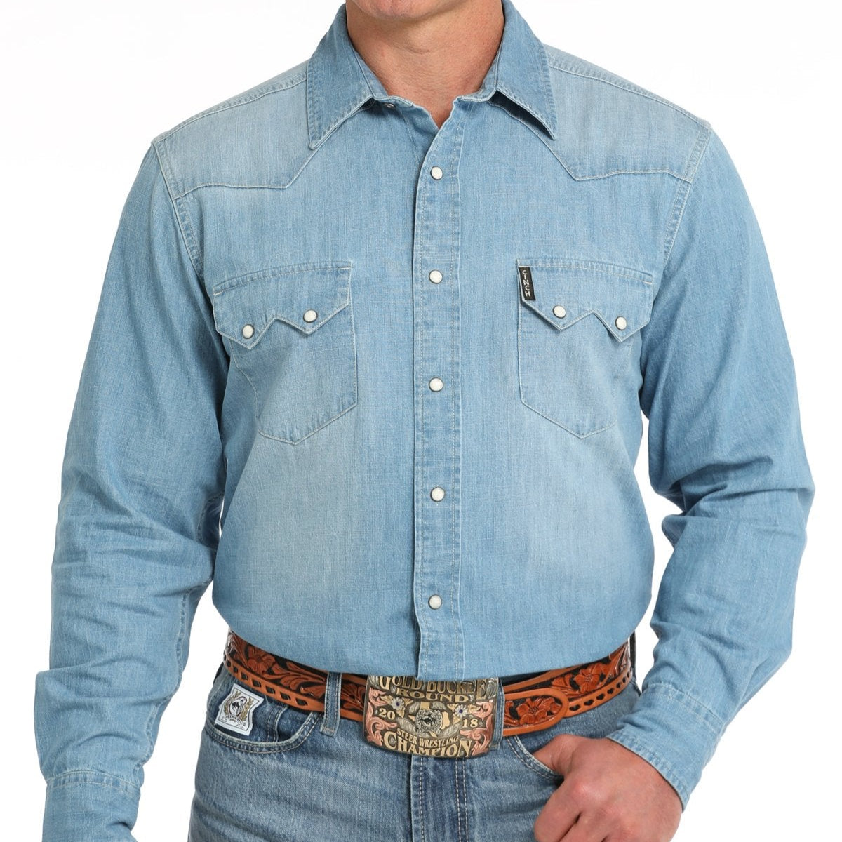 branded denim dress shirts Cinch Men's Long Sleeve Snap Denim Shirt