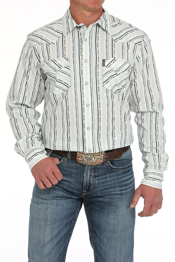 Cinch Men's L/S Modern Fit Striped Western Snap Shirt in White