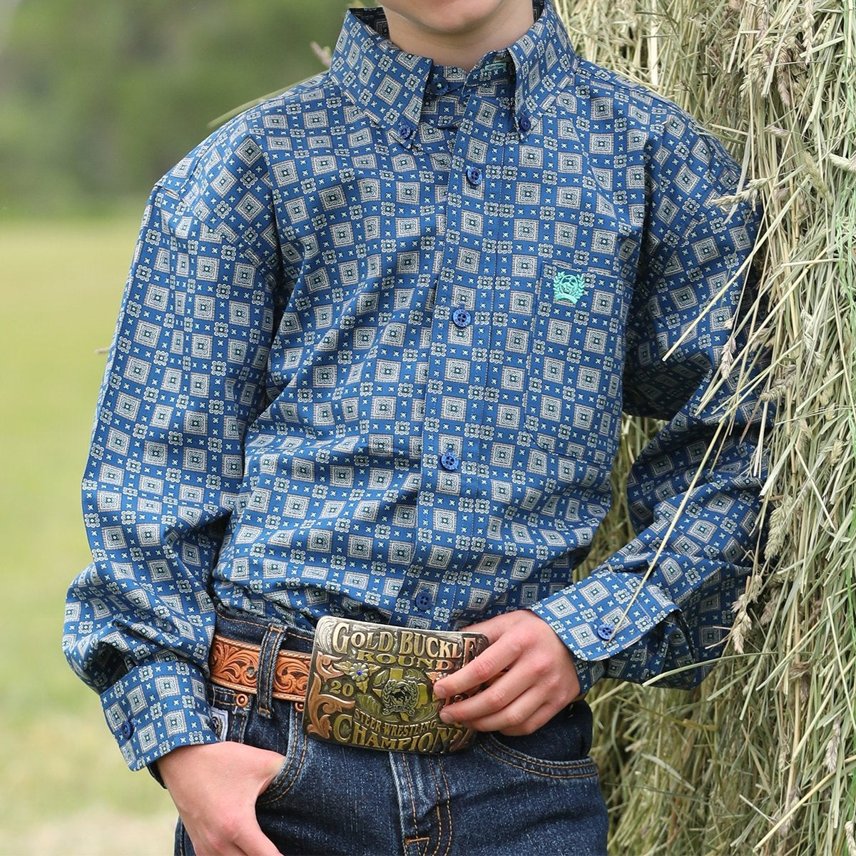 Cinch Youth Boy's L/S Geometric Print Button Down Western Shirt in Roy Branded Country Wear Cinch Youth Boy's L/S Geometric Print Button Down Western Shirt in Roy Branded Country Wear