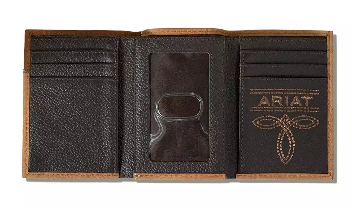 Ariat Men's Floral Embossed Brown Leather Trifold Wallet
