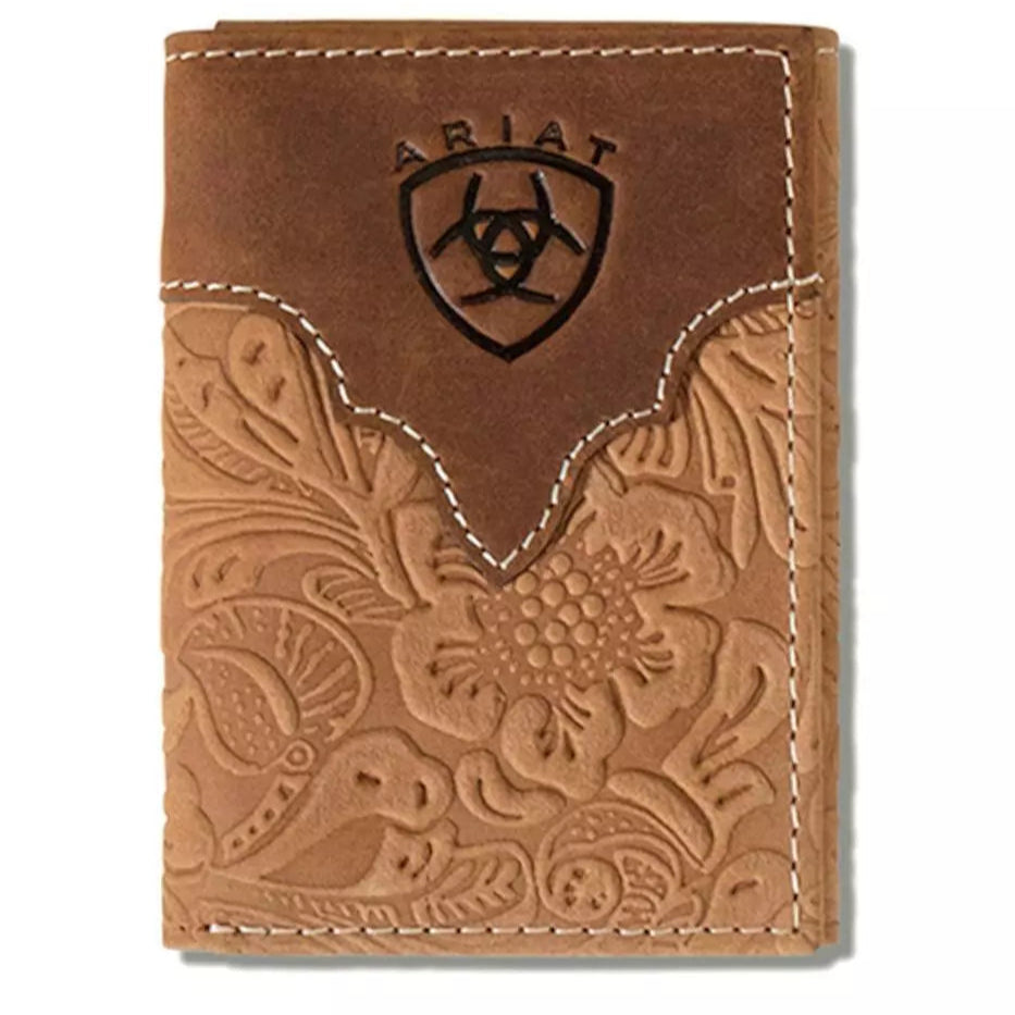 Ariat Men's Floral Embossed Brown Leather Trifold Wallet