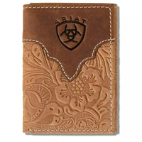 Ariat Men's Floral Embossed Brown Leather Trifold Wallet