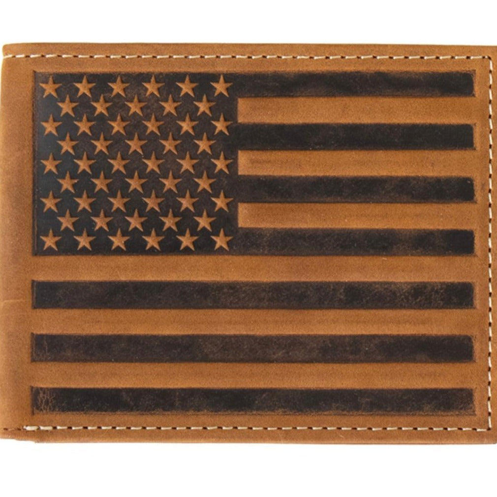 Nocona Men's Embossed American Flag Brown Leather Bi-Fold Wallet