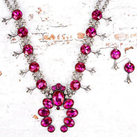 Western Canecreek Fuchsia Crystal Naja and Squash Blossom Silver Tone Necklace and Earring Set