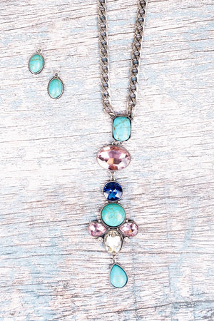 Turquoise and Stone Necklace and Earrings Set