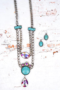 Western Ashton Turquoise and Iridescent Crystal Silver Tone Necklace and Earring Set