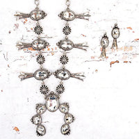 Western Echo Valley White Crystal Naja and Squash Blossom Silver Tone Necklace and Earring Set