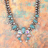 Western Newcastle Turquoise and Iridescent Crystal Squash Blossom Naja Burnished Silver Tone Necklace
