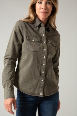 Kimes Ranch Women's OD Army Kaycee Denim Button Down Long Sleeve