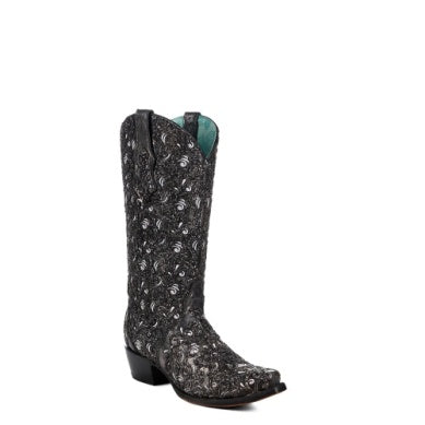 Corral Women's Black Glitter Overlay Embroidery Snip Toe Western Boot