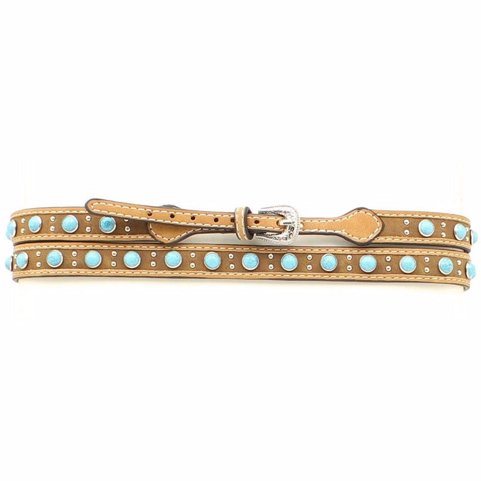 Brown Distressed Leather Hat Band with Turquoise Studs