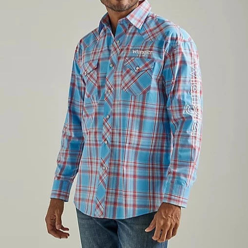 Wrangler Men's Logo Long Sleeve Snap Shirt- Sunny Blue