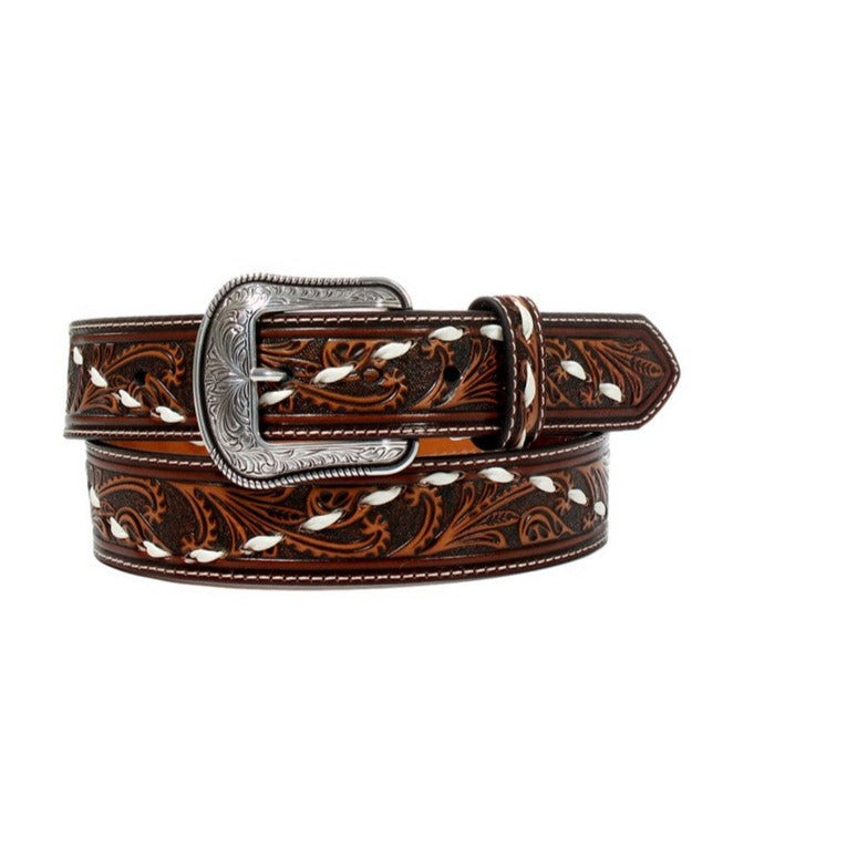 3D Belt Co. Men's Floral Tooled White Buck Lace Belt in Brown