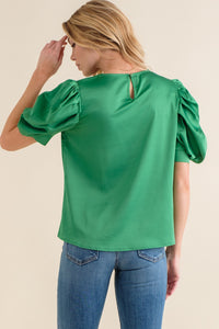 Women's Puff Sleeve V-Neck Blouse in Green (Available in Plus Sizes)
