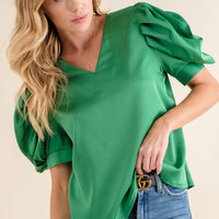 Women's Puff Sleeve V-Neck Blouse in Green (Available in Plus Sizes)
