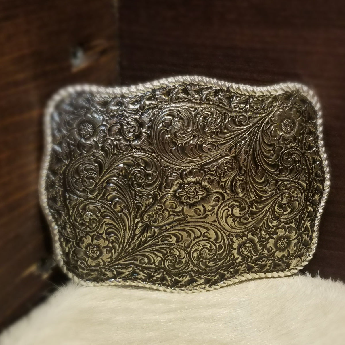 Crumrine Antique Silver Scroll and Flower Rectangle  Buckle