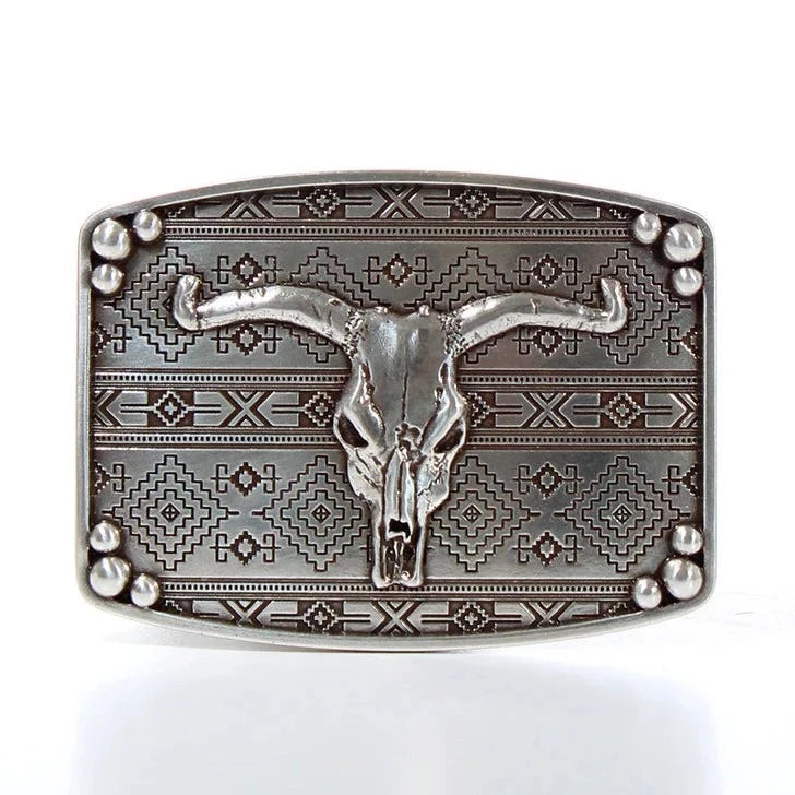 Nocona Silver Longhorn Skull Rectangle Belt Buckle