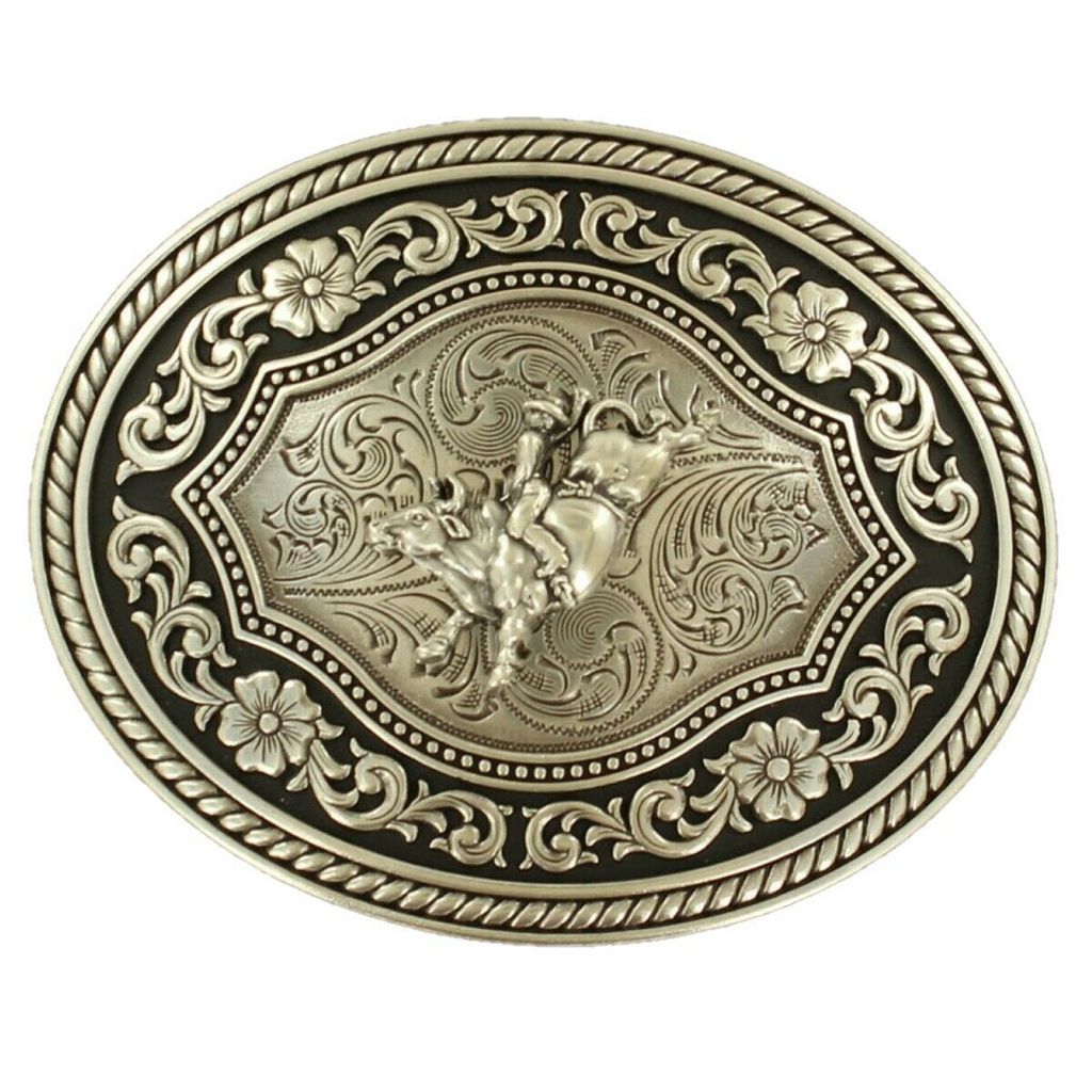Nocona Silver Scroll & Bull Rider Oval Belt Buckle