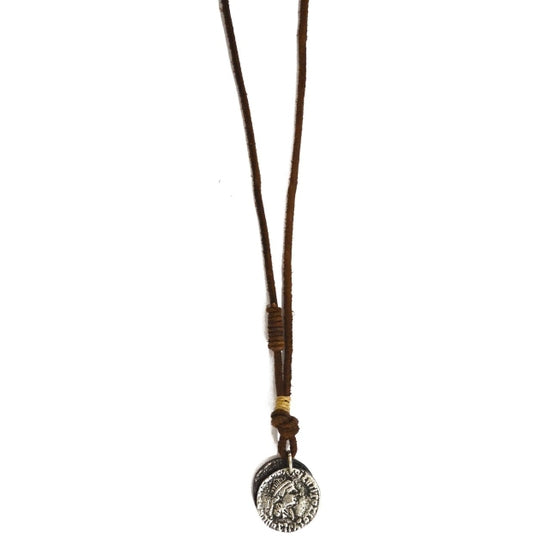 Aadi Men's Silver Coin on Brown Leather Necklace