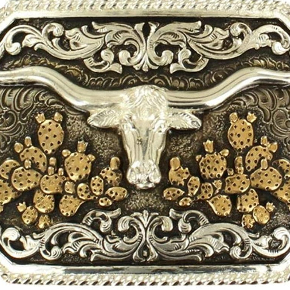 Crumrine Antique Silver and Gold Cactus Steer Skull Rectangle Buckle