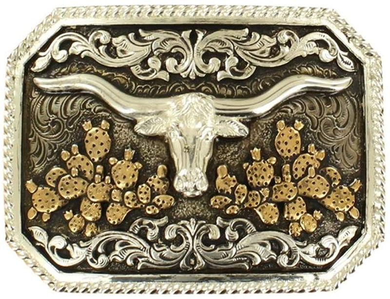 Crumrine Antique Silver and Gold Cactus Steer Skull Rectangle Buckle