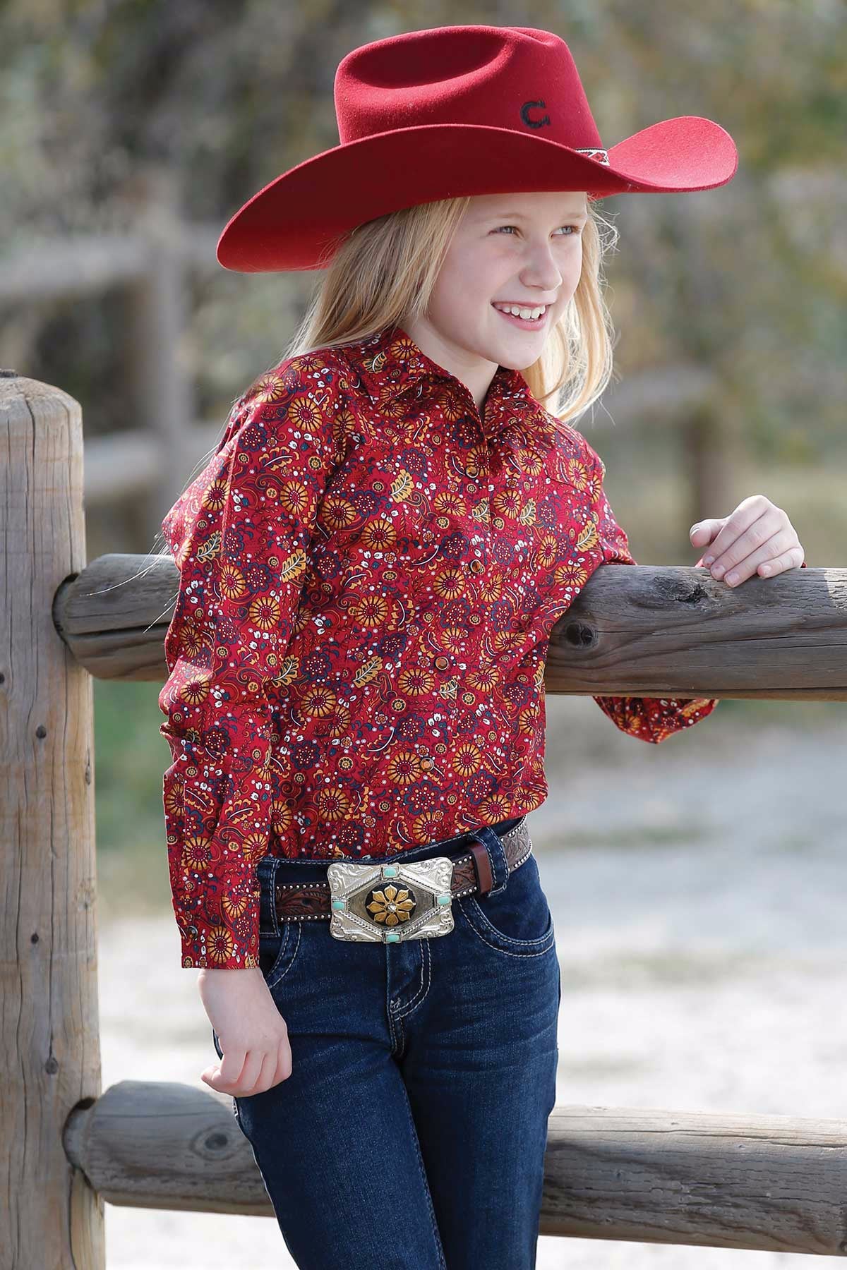 Cruel Girl's Flower Long Sleeve Western Button Down Shirt in Red