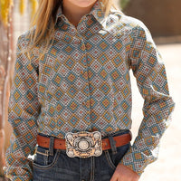 Cruel Girl's Geometric Long Sleeve Western Snap Shirt in Multi-Color