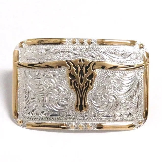 Vintage Longhorn 2024 Handcrafted Mexico Silver w/ Gold Accents Belt Buckle