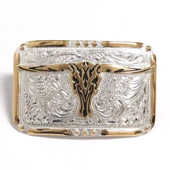Crumrine Silver and Gold Longhorn Rectangle Belt Buckle