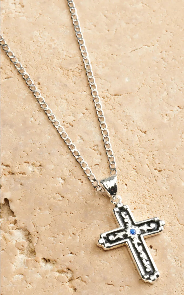 Silver Strike Men s Sapphire Cross Necklace Branded Country Wear