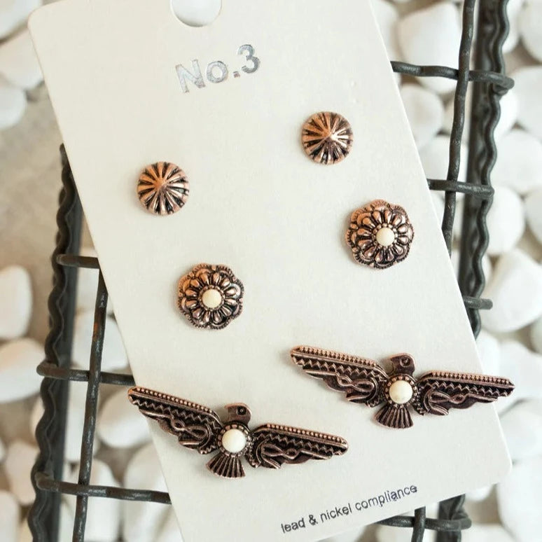 White Thunderbird Copper 3 Pair Earring Set Branded Country Wear