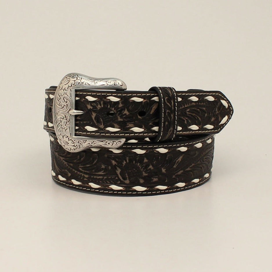 Nocona Buck Lace Distressed Black Floral Embossed Belt