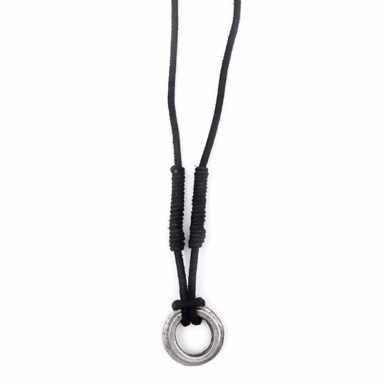Aadi Men's Silver Ring on Black Leather Necklace