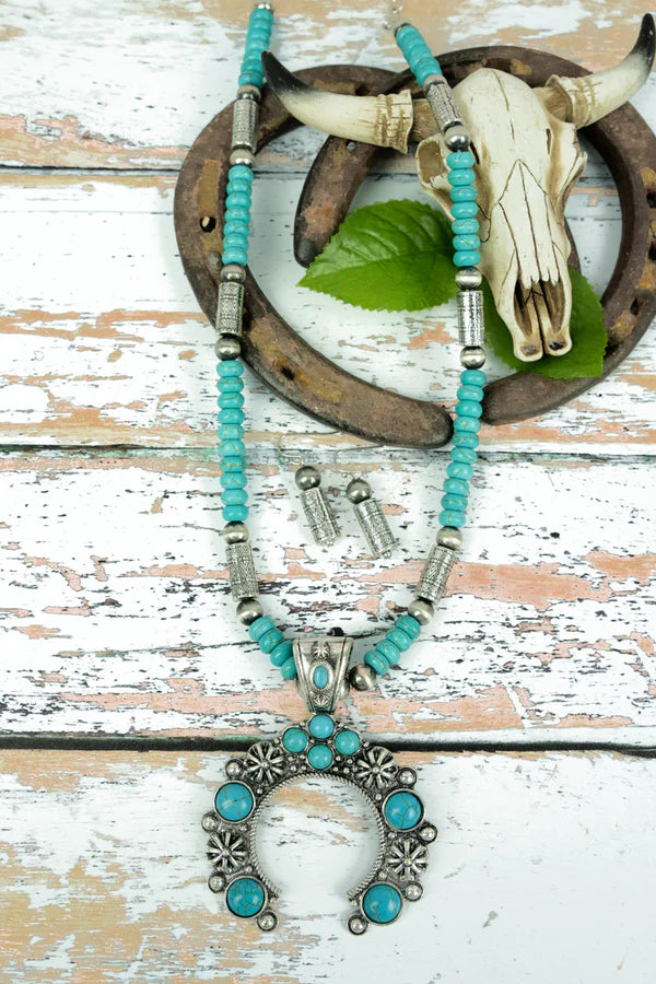 Turquoise Beaded Squash Pendant Necklace and Earring Set