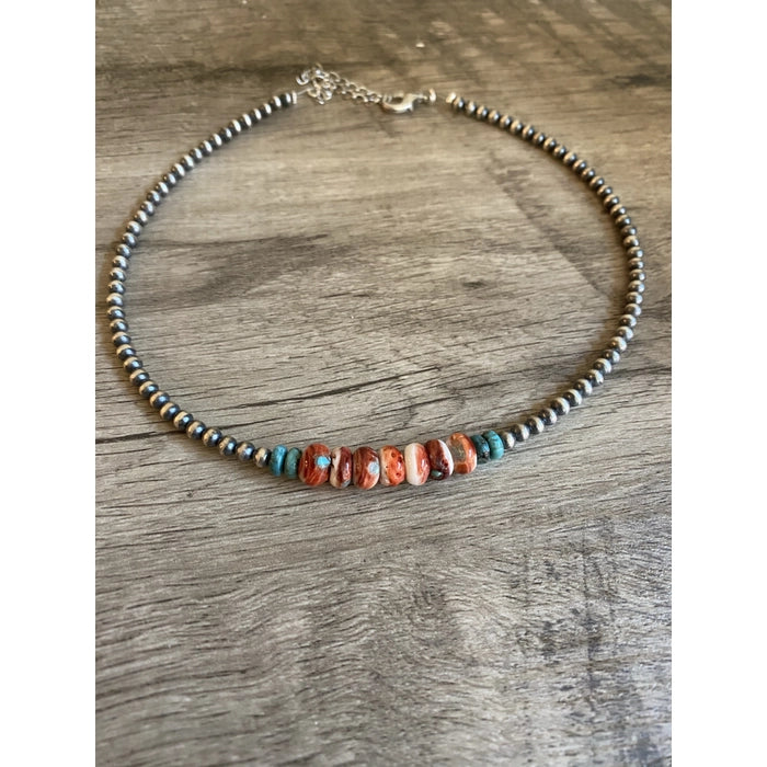 14" 4mm Authentic Navajo Pearl with Turquoise and Spiny Oyster Choker
