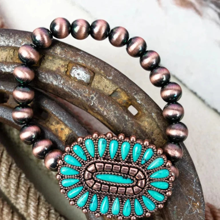 Turquoise Concho and Copper Navajo Pearl Stretch Bracelet
