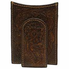 Ariat Men's Floral Embossed Dark Brown Leather Money Clip Card Case