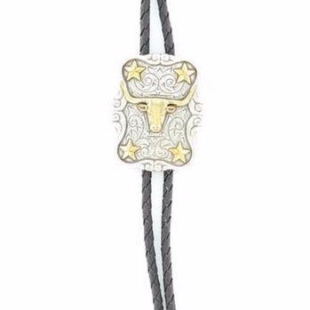 Double S Silver & Gold Rectangular Longhorn Bolo Tie