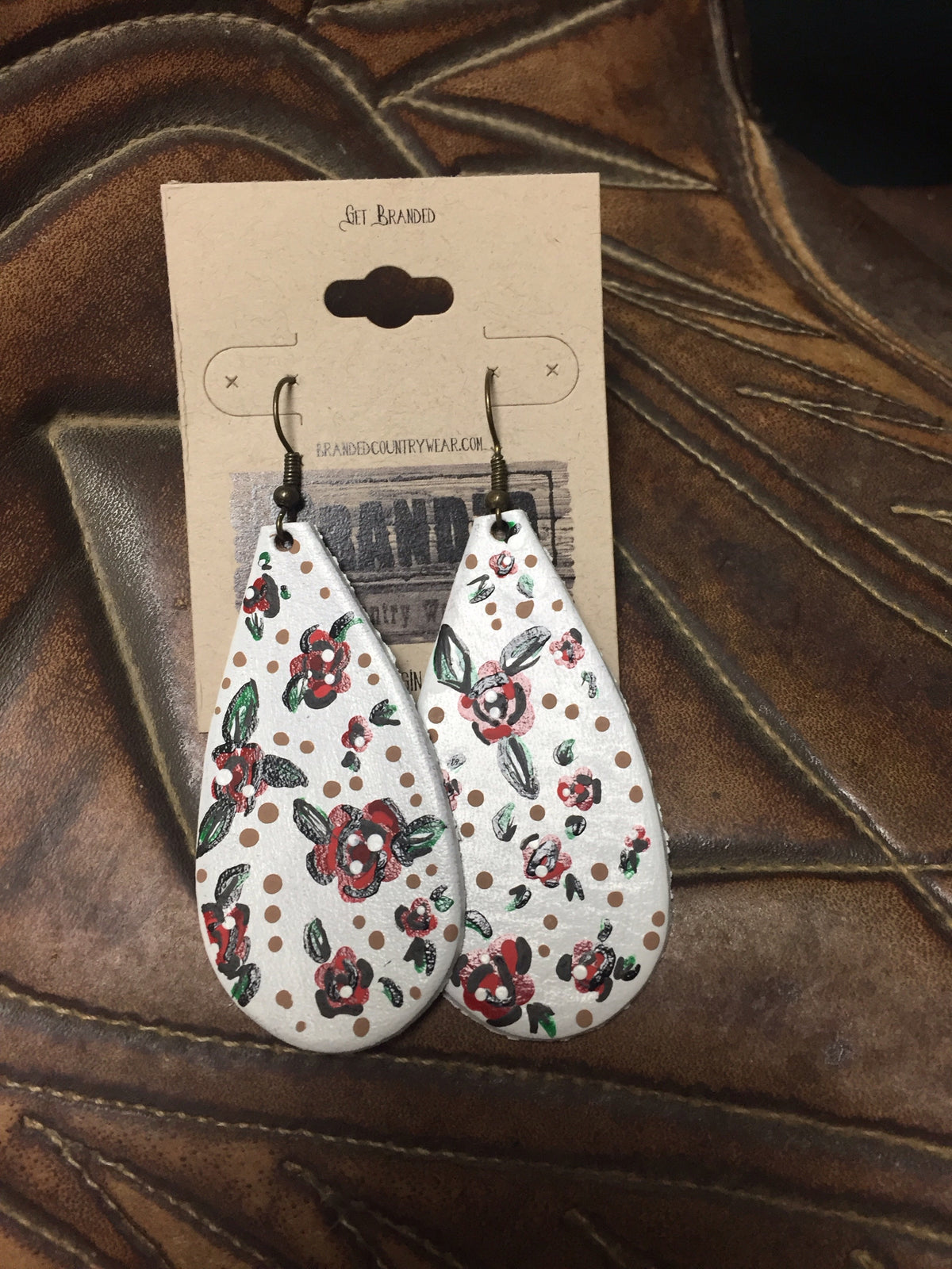 Handmade Leather Earrings- Hand Painted Roses