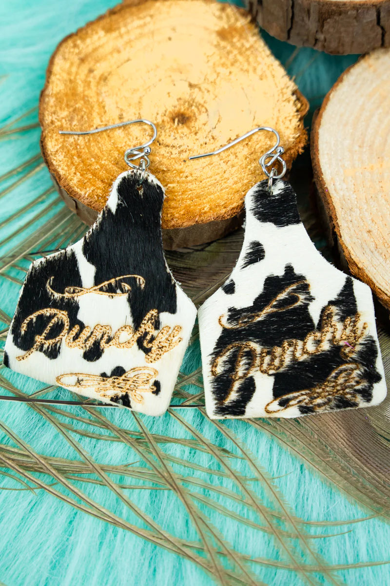 Cowhide Punchy Cattle Tag Earrings