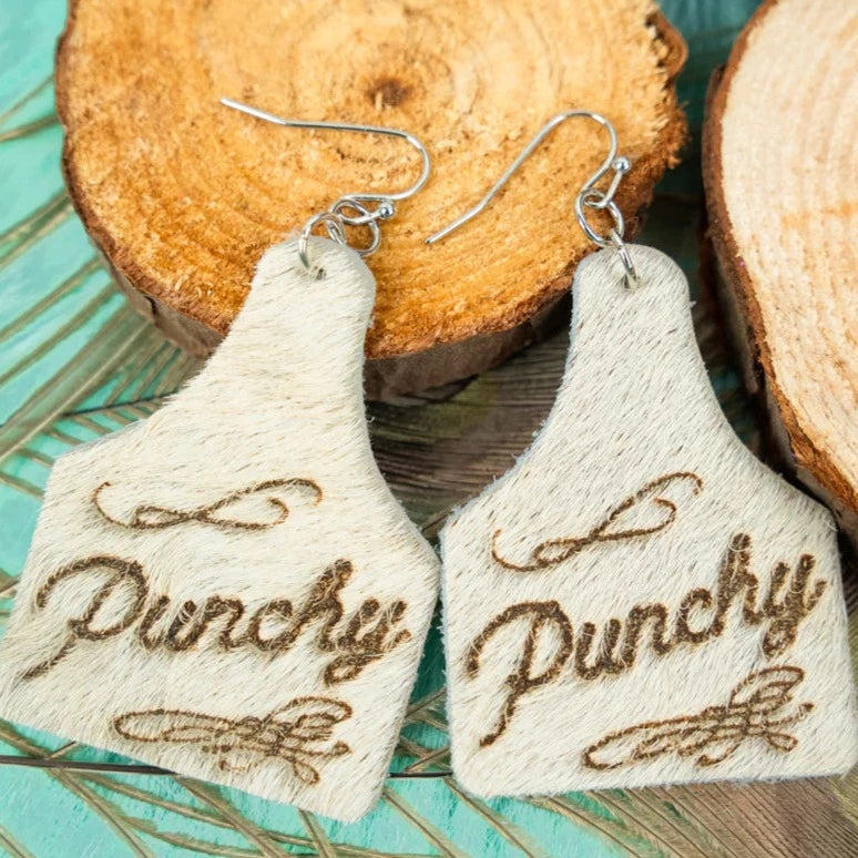 Cowhide Punchy Cattle Tag Earrings